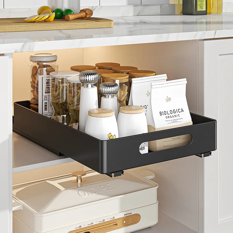 No drilling drawer storage organizer slide rail pull out kitchen cabinet storage rack suitable for kitchen cabinet organizer