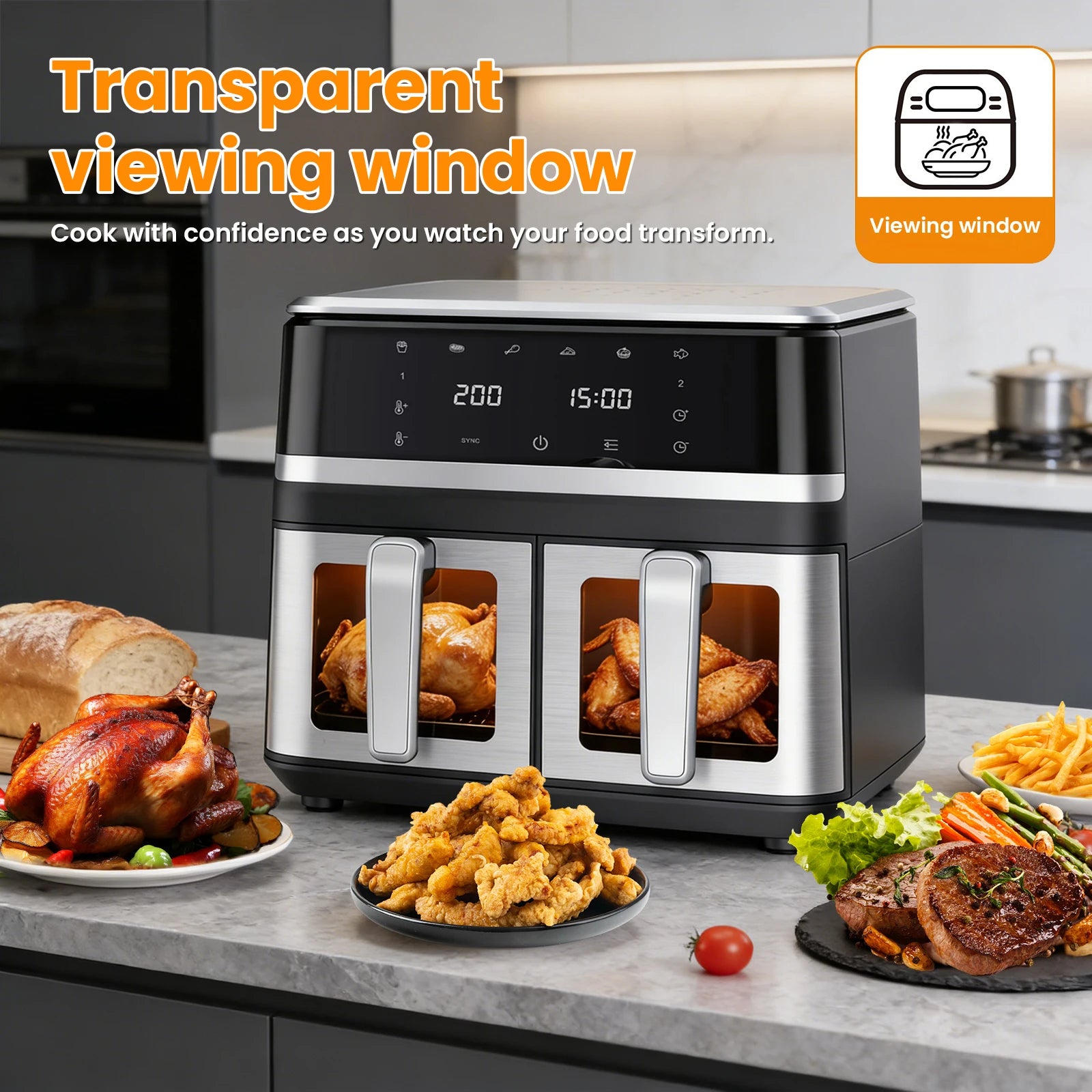 Friteuse à air double panier 9 L – 12 programmes, écran tactile et fenêtre transparente