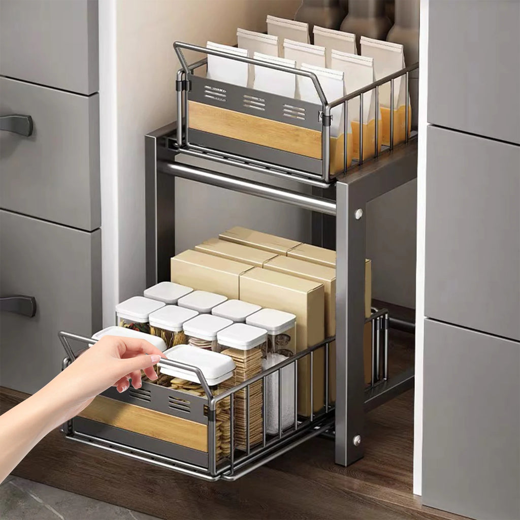 2 Tier Pull Out Cabinet Organizer Adjustable Kitchen Storage Rack Under Sink Organizer Spice Storage Rack Sliding Storage Drawer