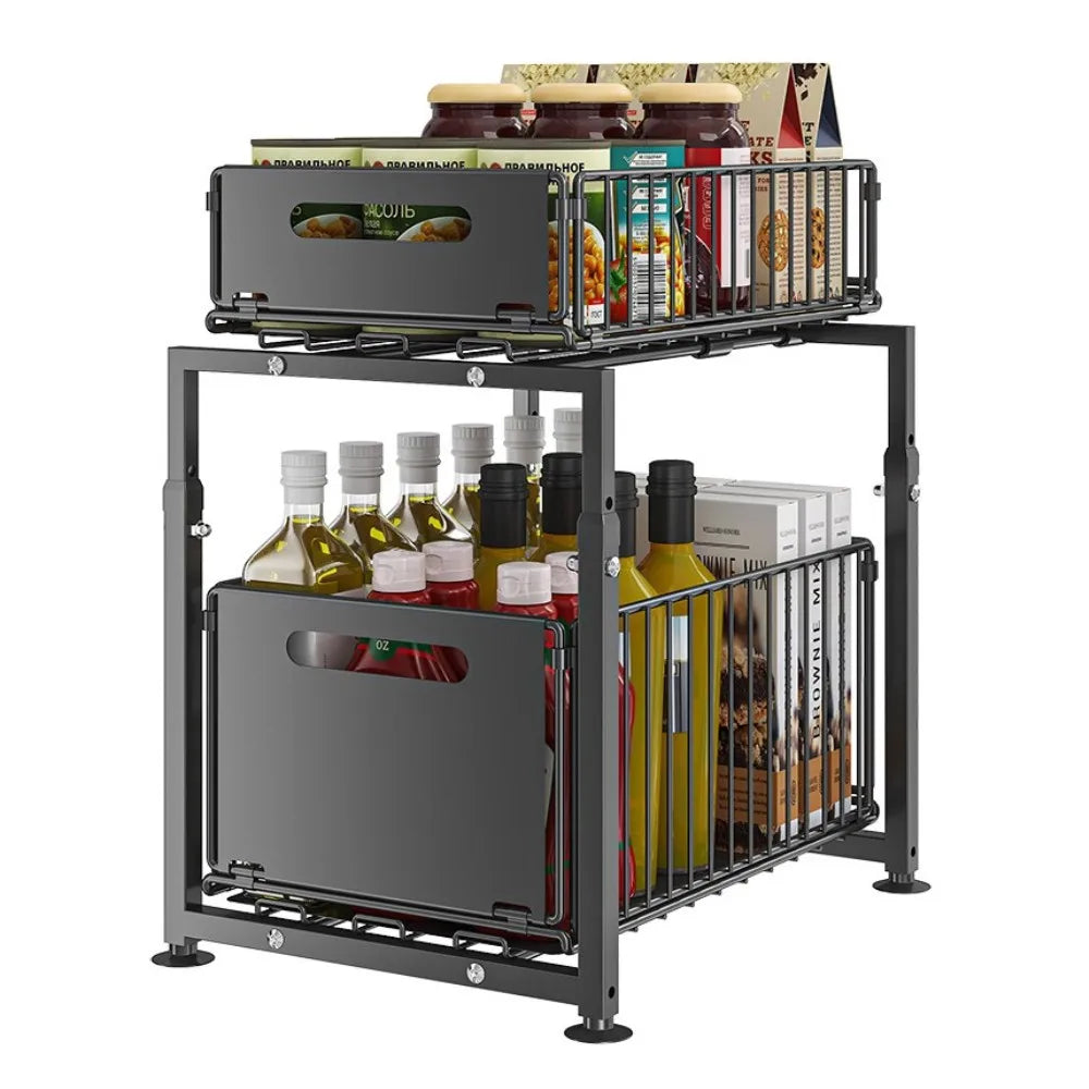 2 Tier Pull Out Cabinet Organizer Adjustable Kitchen Storage Rack Under Sink Organizer Spice Storage Rack Sliding Storage Drawer
