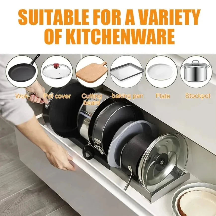 Kitchen Storage Solution Expandable Stainless Steel Rack for Pan Pot Lid Cutting Board Dish Drying and Cookware Organizer