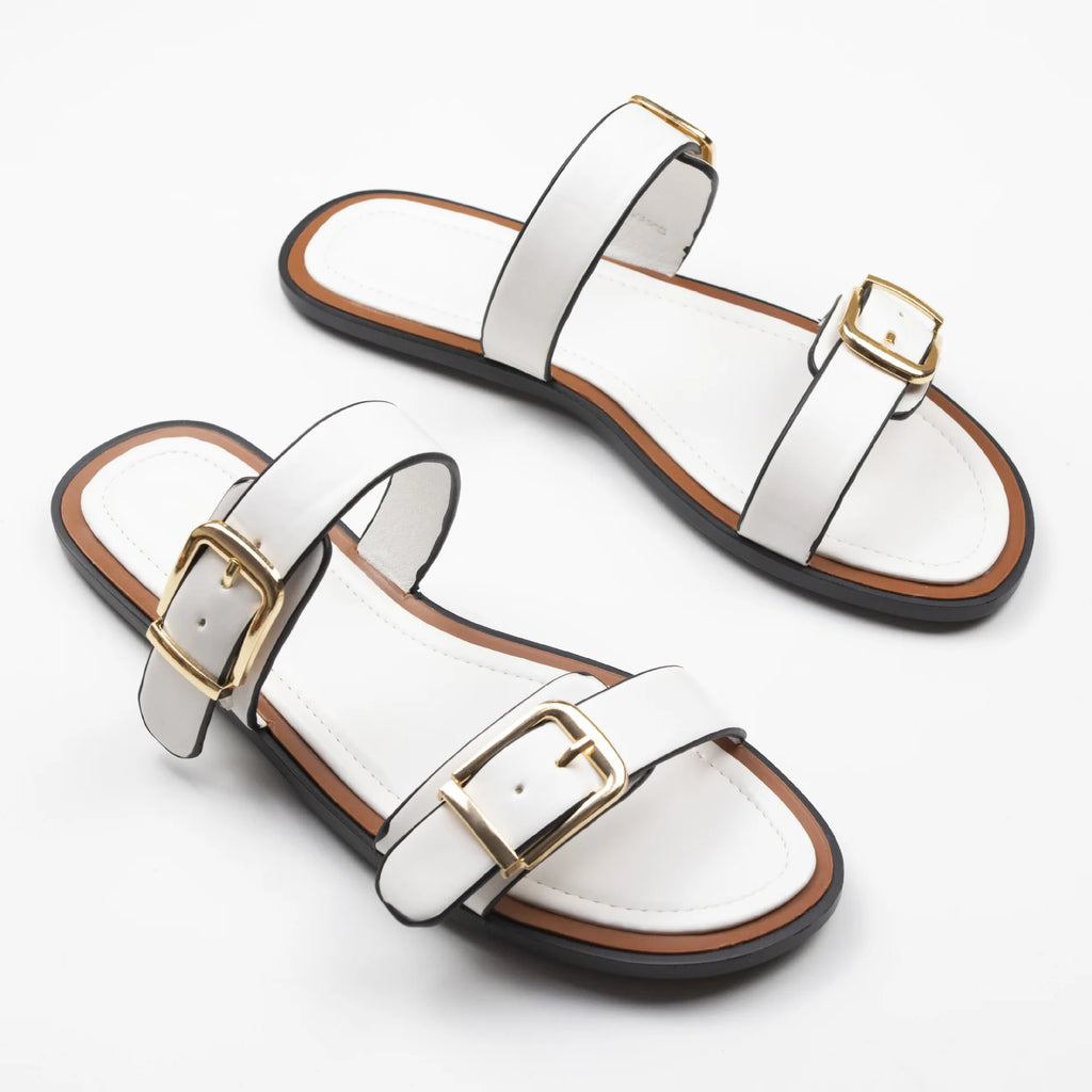 Ladies Casual Buckle Strap Flat Sandals – Open Toe Leather Slide Slippers for Summer Beach & Daily Use