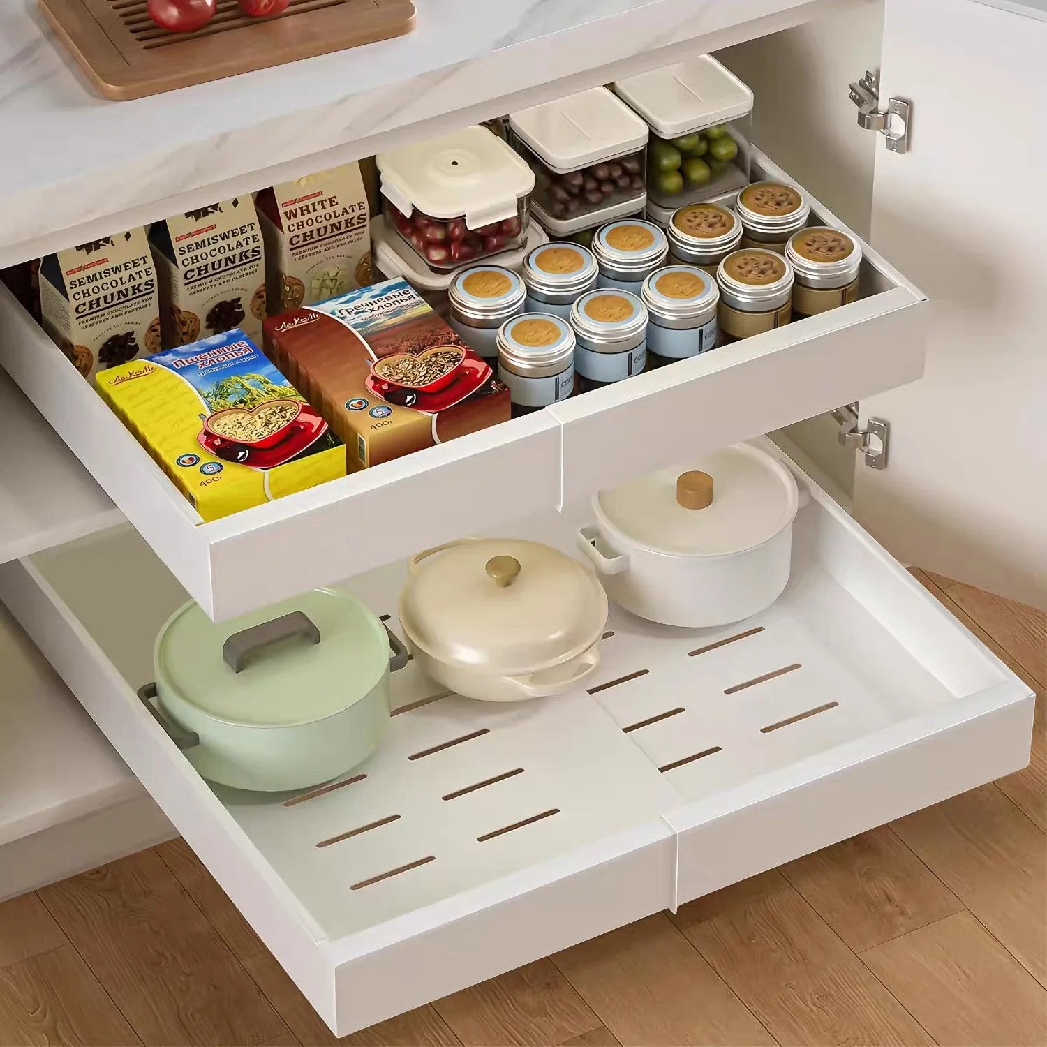 2/1Pcs Telescopic Drawer Extendable Pull-Out Cabinet Baskets No Drilling Kitchen Spice Jar Storage Rack Sundries Storage Holder