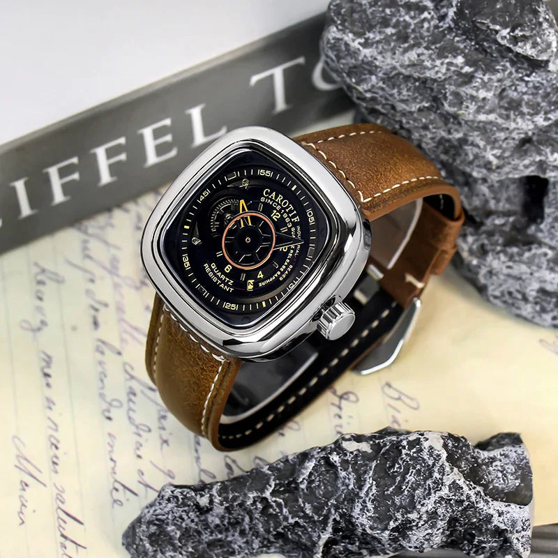 Men's Brown Leather Belt Sports Fashion Compass Calendar Quartz Watch
