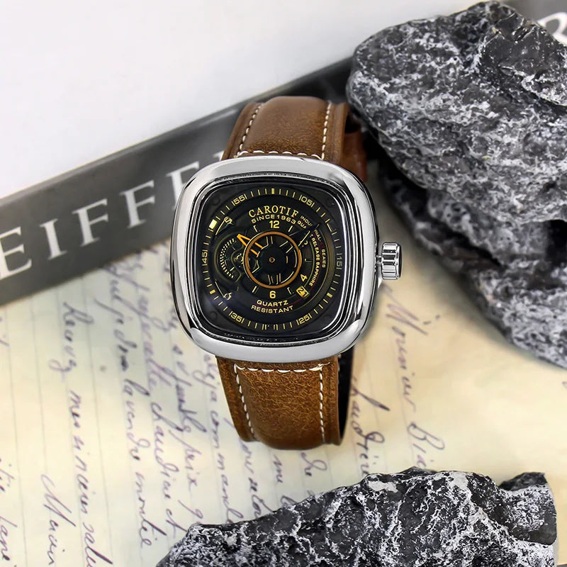 Men's Brown Leather Belt Sports Fashion Compass Calendar Quartz Watch